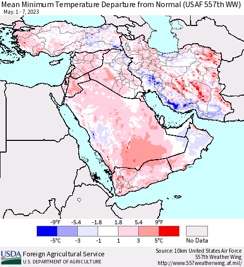 Middle East and Turkey Mean Minimum Temperature Departure from Normal (USAF 557th WW) Thematic Map For 5/1/2023 - 5/7/2023