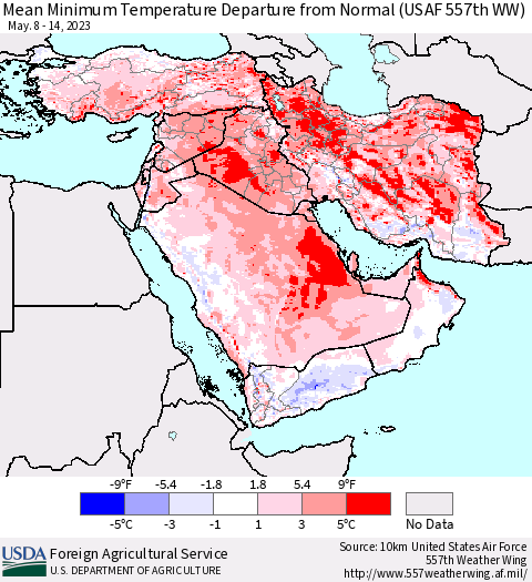 Middle East and Turkey Mean Minimum Temperature Departure from Normal (USAF 557th WW) Thematic Map For 5/8/2023 - 5/14/2023