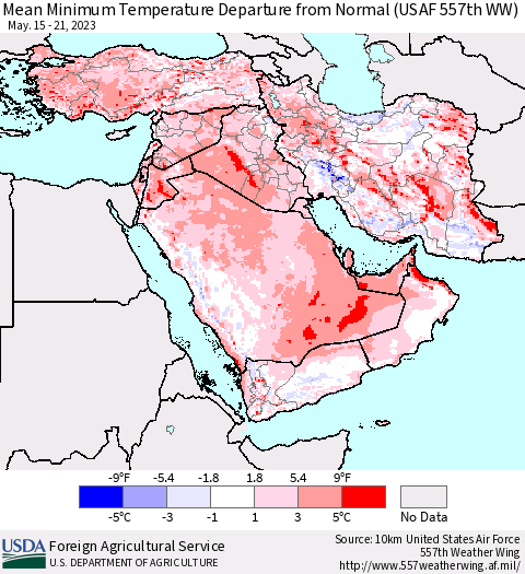 Middle East and Turkey Mean Minimum Temperature Departure from Normal (USAF 557th WW) Thematic Map For 5/15/2023 - 5/21/2023