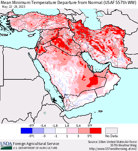 Middle East and Turkey Mean Minimum Temperature Departure from Normal (USAF 557th WW) Thematic Map For 5/22/2023 - 5/28/2023