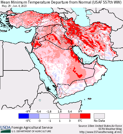 Middle East and Turkey Mean Minimum Temperature Departure from Normal (USAF 557th WW) Thematic Map For 5/29/2023 - 6/4/2023