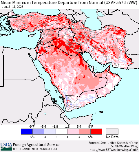 Middle East and Turkey Mean Minimum Temperature Departure from Normal (USAF 557th WW) Thematic Map For 6/5/2023 - 6/11/2023