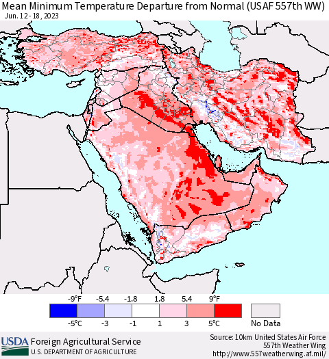 Middle East and Turkey Mean Minimum Temperature Departure from Normal (USAF 557th WW) Thematic Map For 6/12/2023 - 6/18/2023