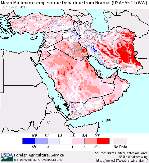 Middle East and Turkey Mean Minimum Temperature Departure from Normal (USAF 557th WW) Thematic Map For 6/19/2023 - 6/25/2023