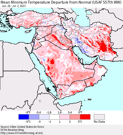 Middle East and Turkey Mean Minimum Temperature Departure from Normal (USAF 557th WW) Thematic Map For 6/26/2023 - 7/2/2023