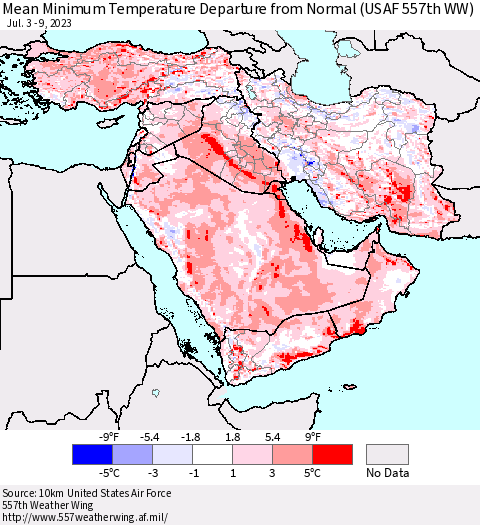 Middle East and Turkey Mean Minimum Temperature Departure from Normal (USAF 557th WW) Thematic Map For 7/3/2023 - 7/9/2023