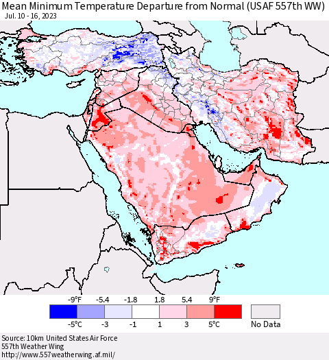 Middle East and Turkey Mean Minimum Temperature Departure from Normal (USAF 557th WW) Thematic Map For 7/10/2023 - 7/16/2023