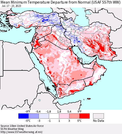Middle East and Turkey Mean Minimum Temperature Departure from Normal (USAF 557th WW) Thematic Map For 7/17/2023 - 7/23/2023