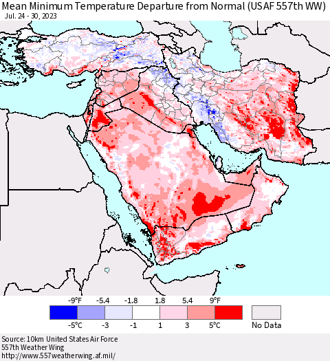 Middle East and Turkey Mean Minimum Temperature Departure from Normal (USAF 557th WW) Thematic Map For 7/24/2023 - 7/30/2023