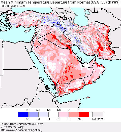 Middle East and Turkey Mean Minimum Temperature Departure from Normal (USAF 557th WW) Thematic Map For 7/31/2023 - 8/6/2023