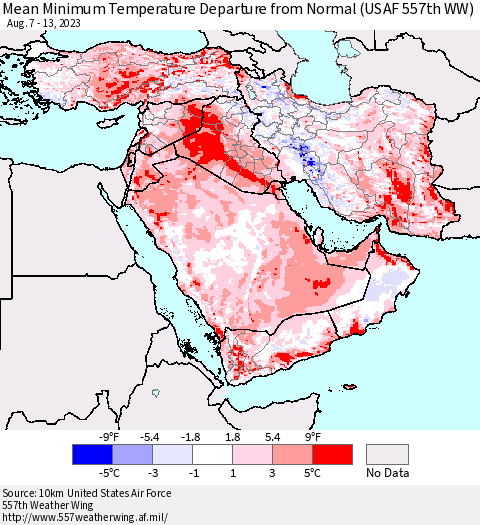 Middle East and Turkey Mean Minimum Temperature Departure from Normal (USAF 557th WW) Thematic Map For 8/7/2023 - 8/13/2023