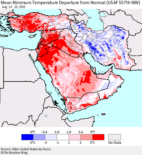 Middle East and Turkey Mean Minimum Temperature Departure from Normal (USAF 557th WW) Thematic Map For 8/14/2023 - 8/20/2023
