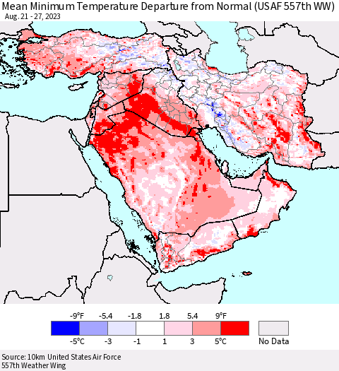 Middle East and Turkey Mean Minimum Temperature Departure from Normal (USAF 557th WW) Thematic Map For 8/21/2023 - 8/27/2023