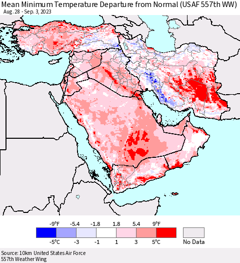 Middle East and Turkey Mean Minimum Temperature Departure from Normal (USAF 557th WW) Thematic Map For 8/28/2023 - 9/3/2023