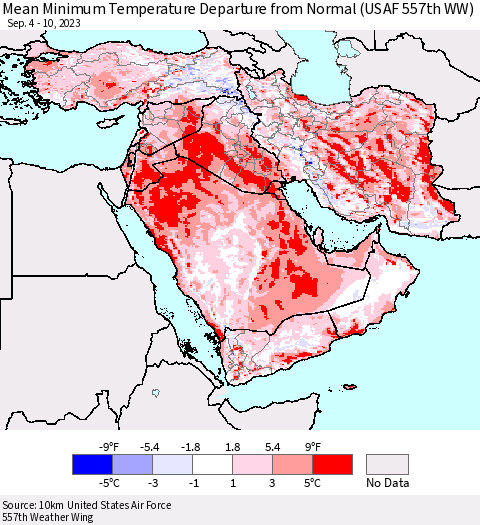 Middle East and Turkey Mean Minimum Temperature Departure from Normal (USAF 557th WW) Thematic Map For 9/4/2023 - 9/10/2023