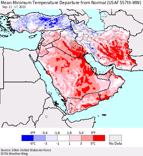 Middle East and Turkey Mean Minimum Temperature Departure from Normal (USAF 557th WW) Thematic Map For 9/11/2023 - 9/17/2023
