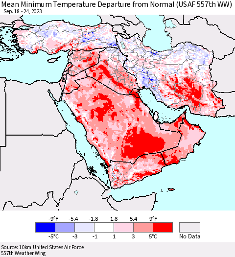Middle East and Turkey Mean Minimum Temperature Departure from Normal (USAF 557th WW) Thematic Map For 9/18/2023 - 9/24/2023