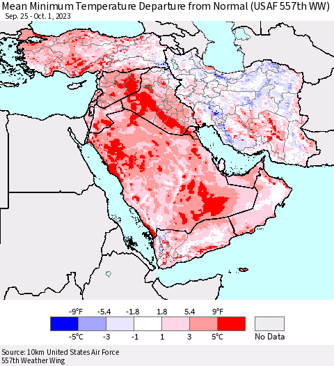 Middle East and Turkey Mean Minimum Temperature Departure from Normal (USAF 557th WW) Thematic Map For 9/25/2023 - 10/1/2023