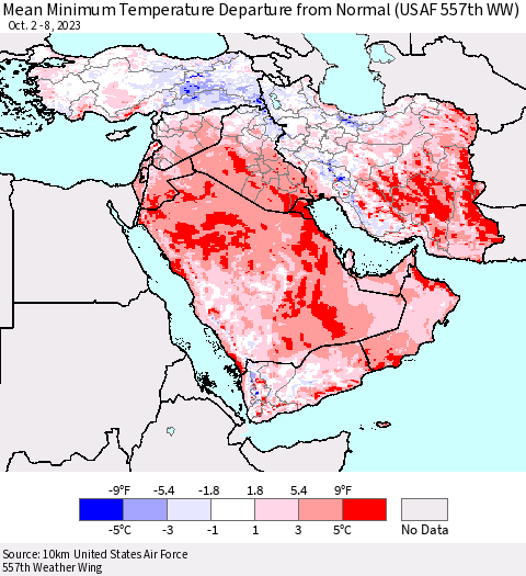 Middle East and Turkey Mean Minimum Temperature Departure from Normal (USAF 557th WW) Thematic Map For 10/2/2023 - 10/8/2023