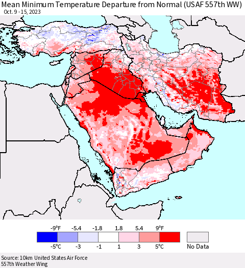 Middle East and Turkey Mean Minimum Temperature Departure from Normal (USAF 557th WW) Thematic Map For 10/9/2023 - 10/15/2023