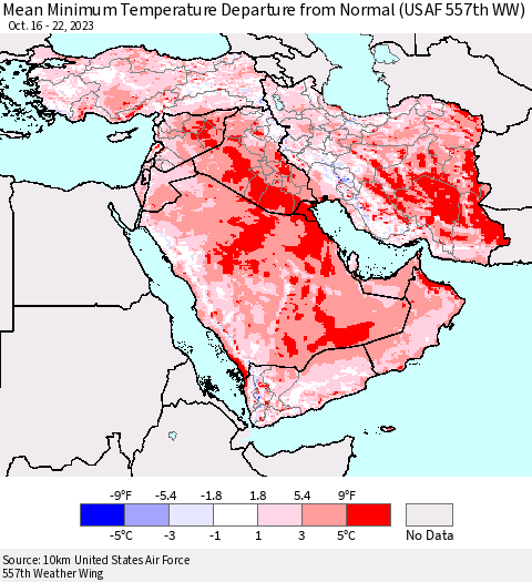 Middle East and Turkey Mean Minimum Temperature Departure from Normal (USAF 557th WW) Thematic Map For 10/16/2023 - 10/22/2023