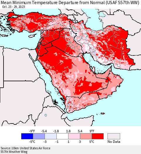 Middle East and Turkey Mean Minimum Temperature Departure from Normal (USAF 557th WW) Thematic Map For 10/23/2023 - 10/29/2023