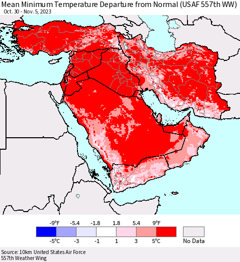 Middle East and Turkey Mean Minimum Temperature Departure from Normal (USAF 557th WW) Thematic Map For 10/30/2023 - 11/5/2023