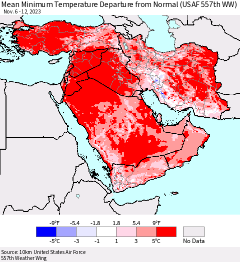 Middle East and Turkey Mean Minimum Temperature Departure from Normal (USAF 557th WW) Thematic Map For 11/6/2023 - 11/12/2023