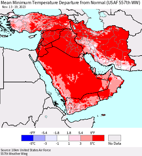 Middle East and Turkey Mean Minimum Temperature Departure from Normal (USAF 557th WW) Thematic Map For 11/13/2023 - 11/19/2023