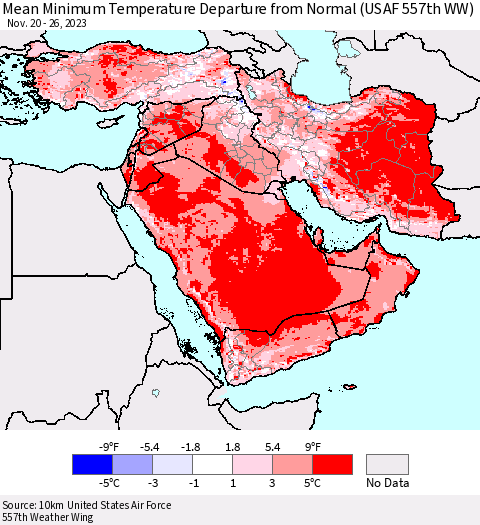 Middle East and Turkey Mean Minimum Temperature Departure from Normal (USAF 557th WW) Thematic Map For 11/20/2023 - 11/26/2023