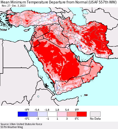 Middle East and Turkey Mean Minimum Temperature Departure from Normal (USAF 557th WW) Thematic Map For 11/27/2023 - 12/3/2023