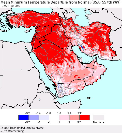 Middle East and Turkey Mean Minimum Temperature Departure from Normal (USAF 557th WW) Thematic Map For 12/4/2023 - 12/10/2023