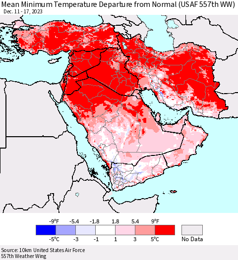 Middle East and Turkey Mean Minimum Temperature Departure from Normal (USAF 557th WW) Thematic Map For 12/11/2023 - 12/17/2023