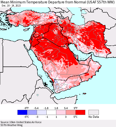 Middle East and Turkey Mean Minimum Temperature Departure from Normal (USAF 557th WW) Thematic Map For 12/18/2023 - 12/24/2023