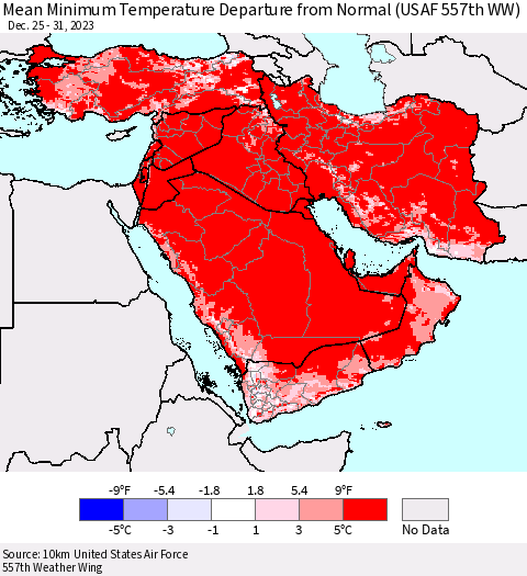 Middle East and Turkey Mean Minimum Temperature Departure from Normal (USAF 557th WW) Thematic Map For 12/25/2023 - 12/31/2023