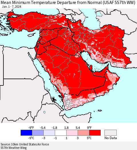 Middle East and Turkey Mean Minimum Temperature Departure from Normal (USAF 557th WW) Thematic Map For 1/1/2024 - 1/7/2024