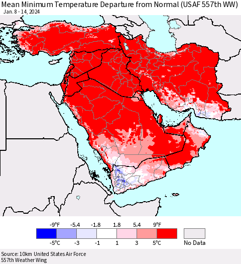 Middle East and Turkey Mean Minimum Temperature Departure from Normal (USAF 557th WW) Thematic Map For 1/8/2024 - 1/14/2024