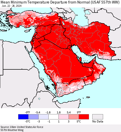 Middle East and Turkey Mean Minimum Temperature Departure from Normal (USAF 557th WW) Thematic Map For 1/22/2024 - 1/28/2024