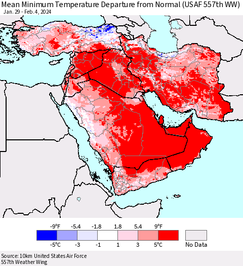 Middle East and Turkey Mean Minimum Temperature Departure from Normal (USAF 557th WW) Thematic Map For 1/29/2024 - 2/4/2024