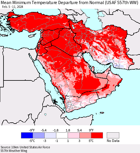 Middle East and Turkey Mean Minimum Temperature Departure from Normal (USAF 557th WW) Thematic Map For 2/5/2024 - 2/11/2024