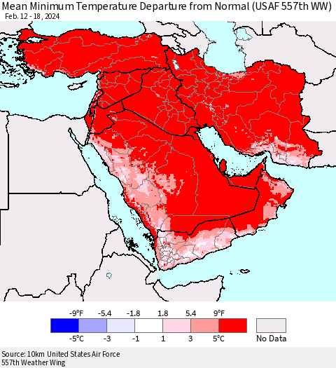 Middle East and Turkey Mean Minimum Temperature Departure from Normal (USAF 557th WW) Thematic Map For 2/12/2024 - 2/18/2024