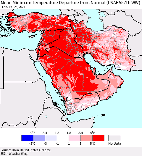 Middle East and Turkey Mean Minimum Temperature Departure from Normal (USAF 557th WW) Thematic Map For 2/19/2024 - 2/25/2024