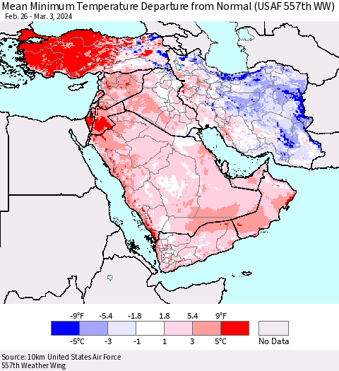 Middle East and Turkey Mean Minimum Temperature Departure from Normal (USAF 557th WW) Thematic Map For 2/26/2024 - 3/3/2024
