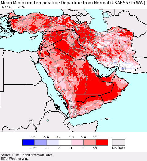 Middle East and Turkey Mean Minimum Temperature Departure from Normal (USAF 557th WW) Thematic Map For 3/4/2024 - 3/10/2024