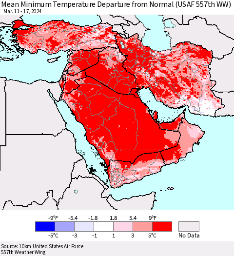 Middle East and Turkey Mean Minimum Temperature Departure from Normal (USAF 557th WW) Thematic Map For 3/11/2024 - 3/17/2024