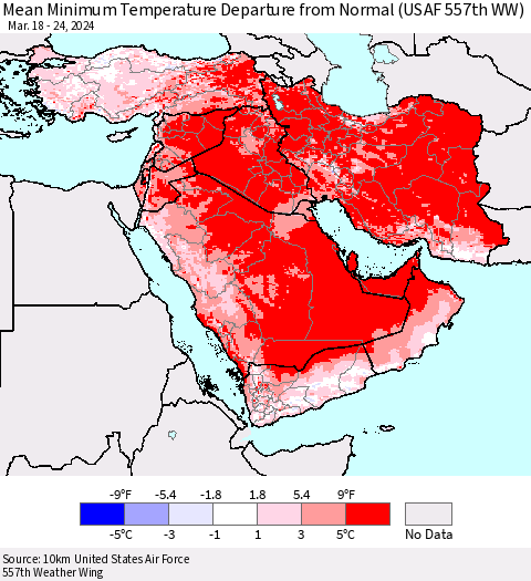 Middle East and Turkey Mean Minimum Temperature Departure from Normal (USAF 557th WW) Thematic Map For 3/18/2024 - 3/24/2024