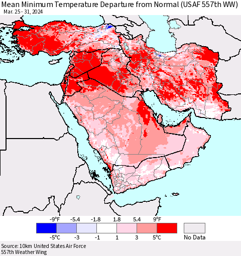 Middle East and Turkey Mean Minimum Temperature Departure from Normal (USAF 557th WW) Thematic Map For 3/25/2024 - 3/31/2024