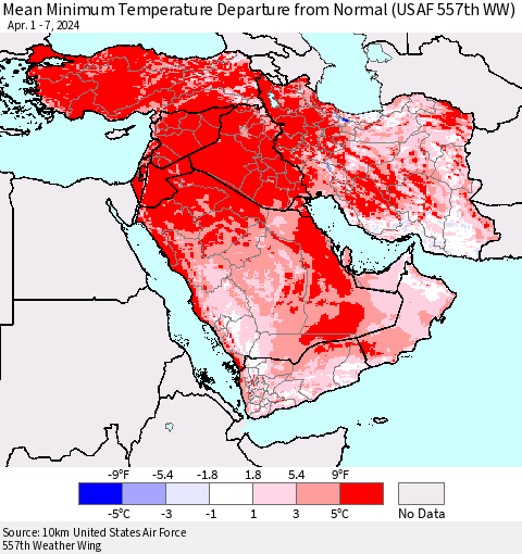 Middle East and Turkey Mean Minimum Temperature Departure from Normal (USAF 557th WW) Thematic Map For 4/1/2024 - 4/7/2024