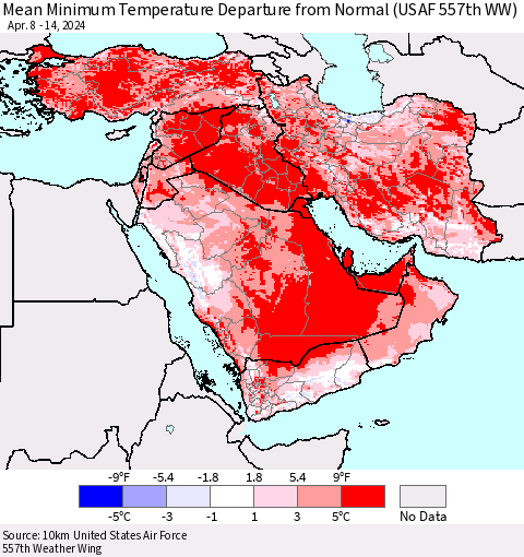 Middle East and Turkey Mean Minimum Temperature Departure from Normal (USAF 557th WW) Thematic Map For 4/8/2024 - 4/14/2024