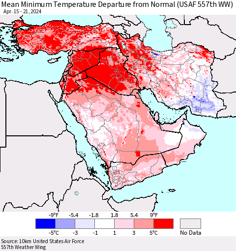 Middle East and Turkey Mean Minimum Temperature Departure from Normal (USAF 557th WW) Thematic Map For 4/15/2024 - 4/21/2024